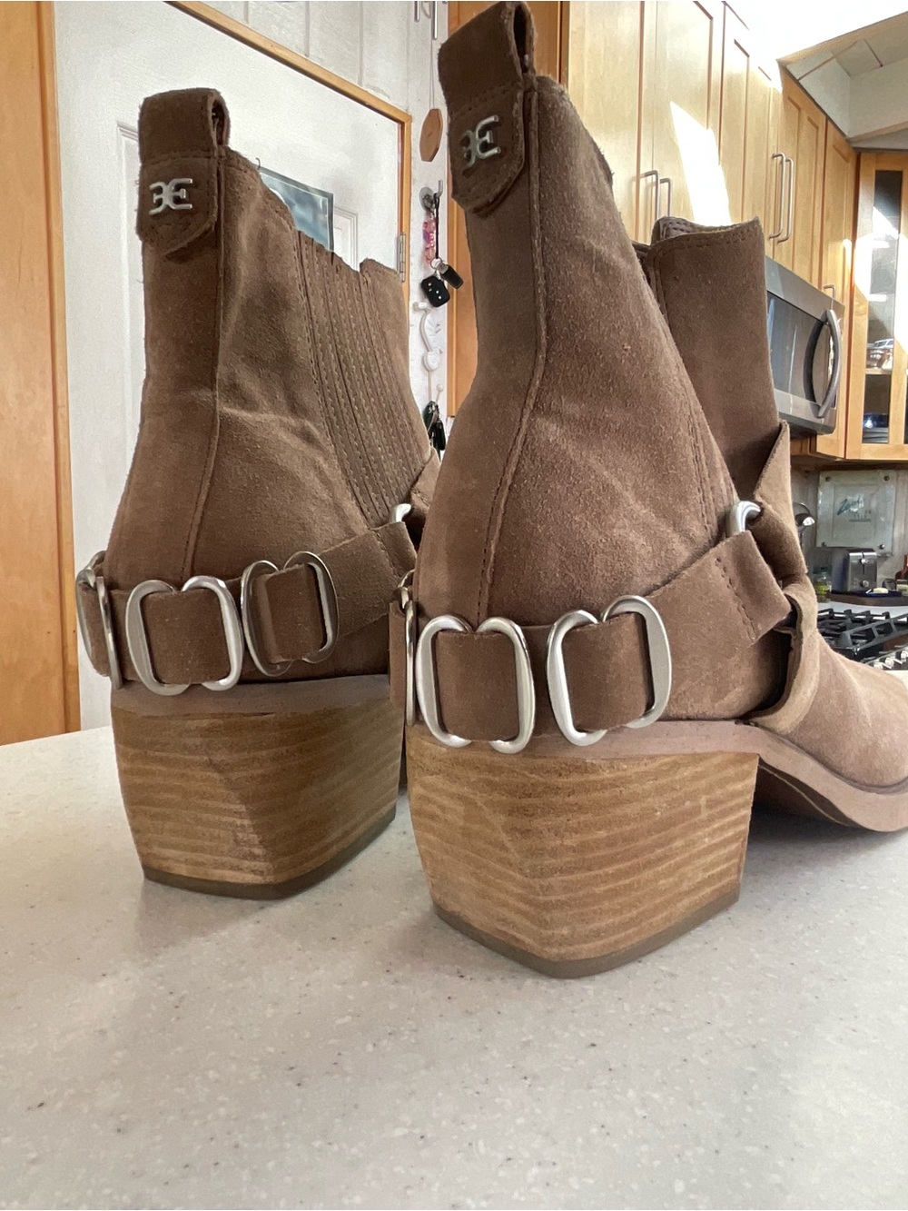 Sam Edelman Tan Suede Ankle Booties with Strap Detail - Picture 3 of 7